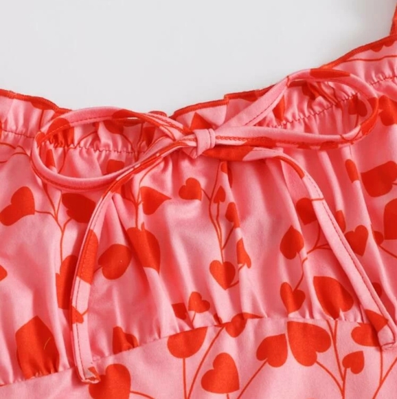 XS Shein Runched Milkmaid Pink Bodycon Dress with Red Hearts and Ruffled Straps - Picture 6 of 10